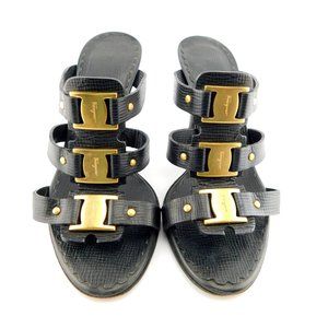 FERRAGAMO Triple Logo Buckle Black Leather Slide Heel Sandals  6